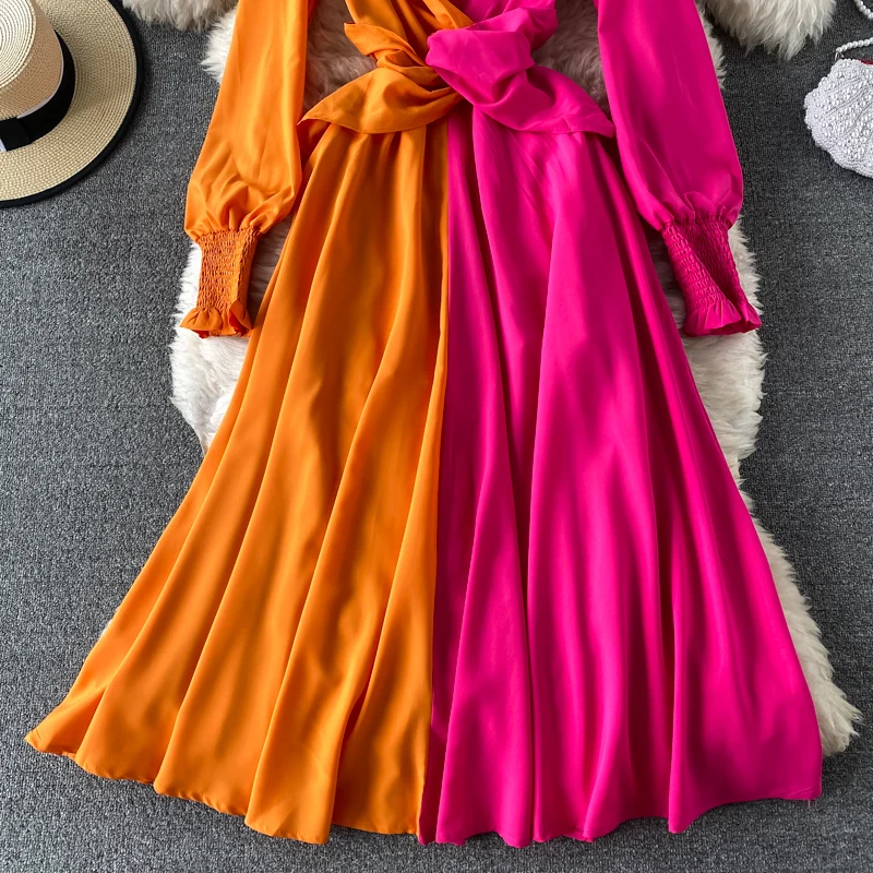 Elegantiškos Spalvos Bloką Kratinys Holiday Beach Suknelė Moterims 2021 M. Pavasario Vasaros Mados Žibintų Rankovėmis V-Kaklo Kartus Kirtimo Midi Suknelė