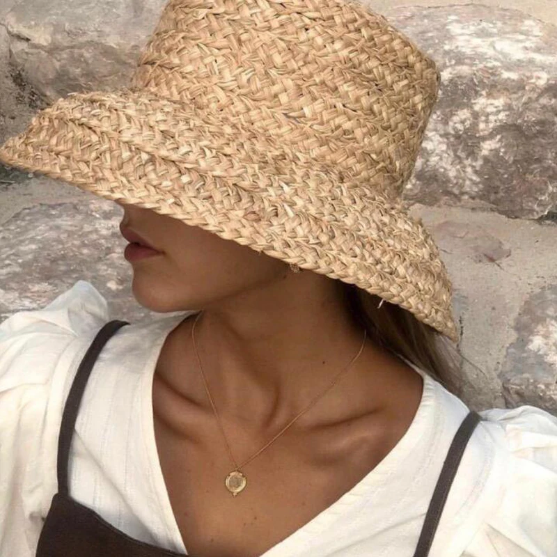 Vasaros skrybėlės moterims Retro butas kabančios skrybėlę kraštų rankų rafija šiaudų skrybėlę ponios lauko apsauga nuo saulės, paplūdimio šiaudų skrybėlę