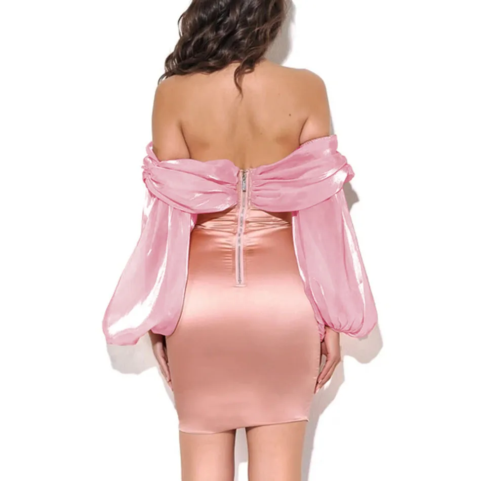 2021 Nauja Seksuali Off Peties Kratinys Long Sleeve Pink Bodycon Mini Suknelė Mados Garsenybių Klubo Šalis Suknelė vestido