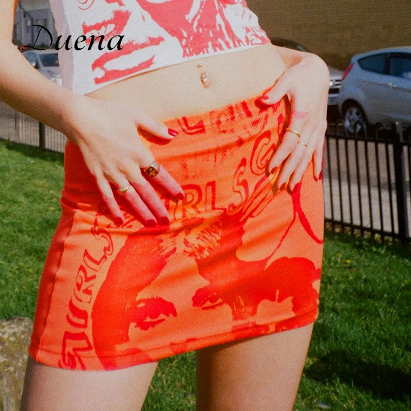 Duena Kaklaraištis Dažų Mini Sijonas Y2K Vasarą Moterys 2021 Streetwear Seksualus Bodycon Aukšto Juosmens Retro Spausdinti Pieštuku Sijonai