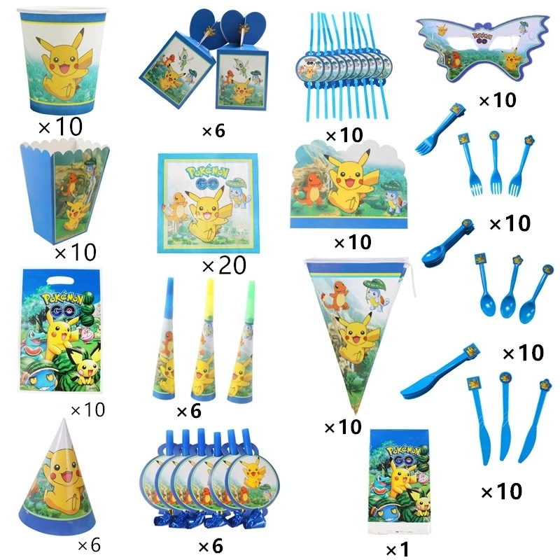 16 vienetų/set Pokemon Pikachu gimtadienio vienkartiniai apdailos anime tema, stalo reikmenys, popieriaus taurės popieriaus plokštė vaikų par