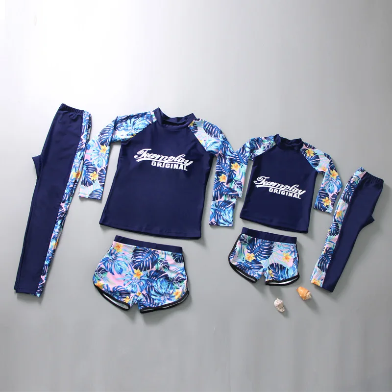 Motina Dukra maudymosi kostiumėlį 3 dalių Komplektas Šeimos Atitikimo Maudymosi Kostiumą Mon Vaikai Korėja Stiliaus maudymosi Kostiumėliai ilgomis Rankovėmis Mėlynas maudymosi kostiumėlį