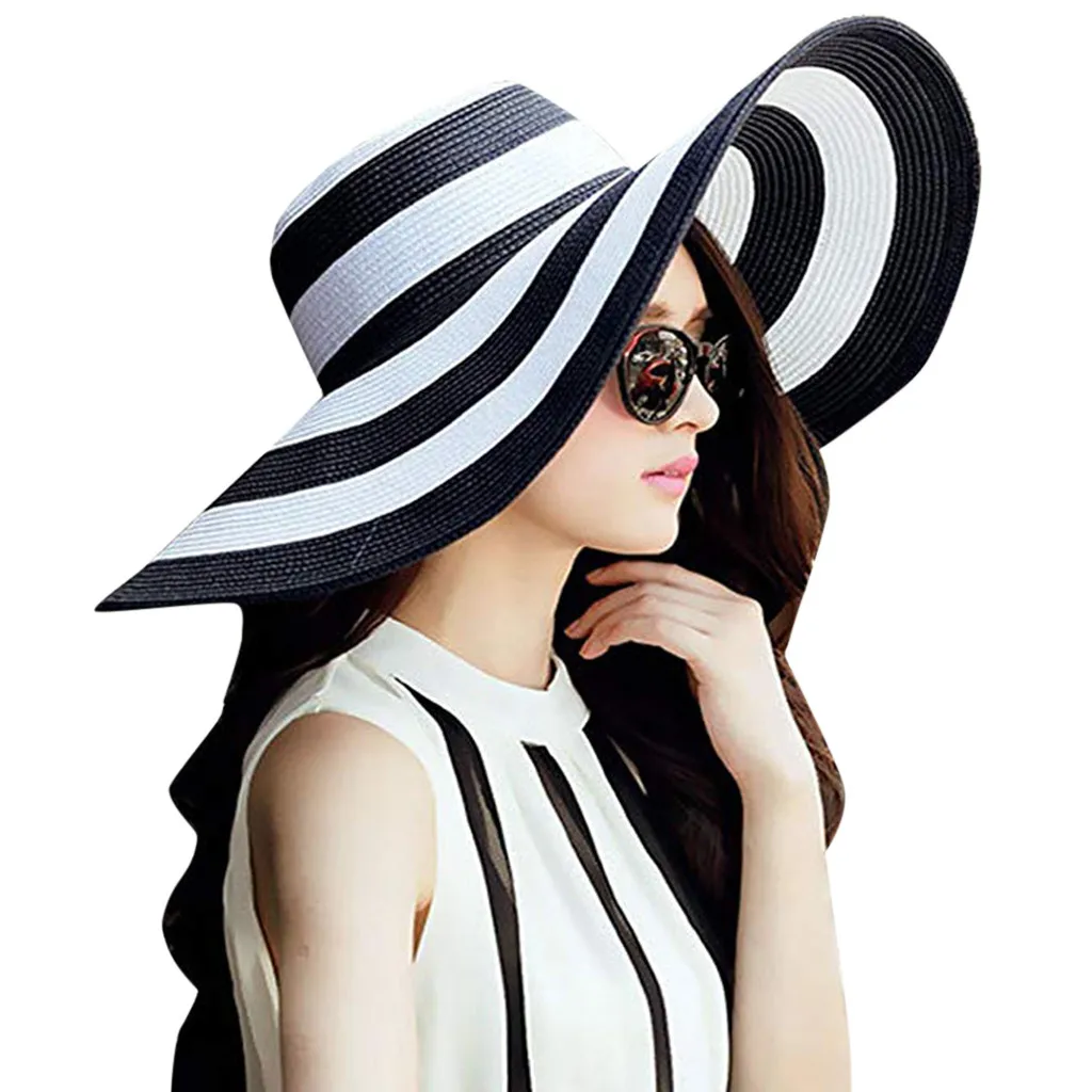 Didelis Kraštų Klasikinis Juoda Balta Dryžuotas Šiaudų Skrybėlę Atsitiktinis Lauko Paplūdimio Kepurės Moterims, 2021 M. Vasaros Moterų saulės, skrybėlės moterims