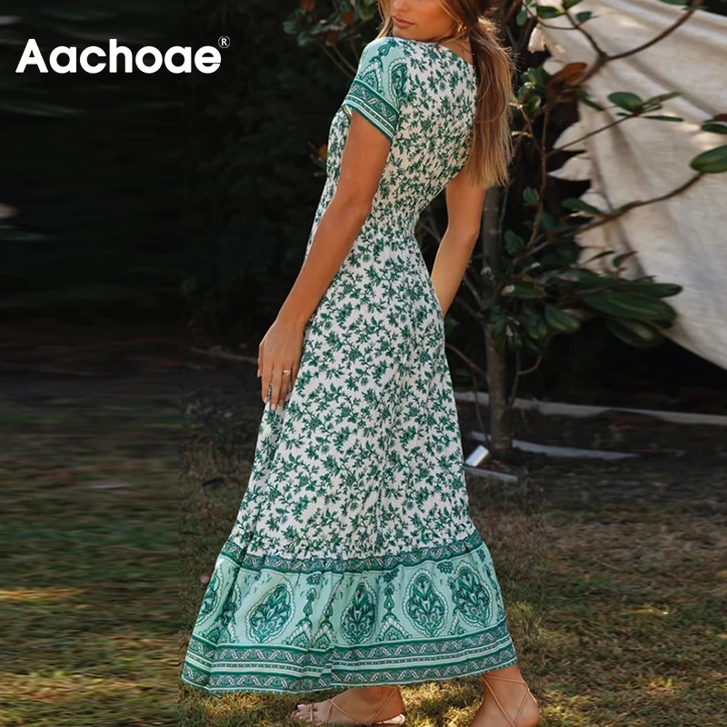 Aachoae Bohemijos Išspausdintas Ilgas Vasaros Suknelė Moterų V-Kaklo Linijos Mygtukai Atsitiktinis Suknelės 2021 Ponios Trumpomis Rankovėmis Beach Sundress