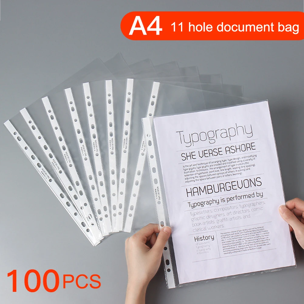 100vnt A4 formato Plastiko Perforuoti Kišenės Katalogai Padavimo 11 Skyles Palaidų Lapų Dokumentų Lapą Apsaugos Skaidrus Aplankas Krepšys