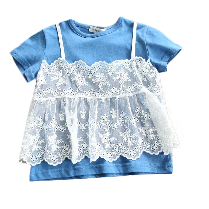 Merginos, t marškiniai Netikrą Dviejų dalių Nėrinių Medvilnės trumparankoviai marškinėliai 2021 Naujas Vasaros Vaikų Kūdikių Apvalios Kaklo Kūdikių Mergaičių Viršūnes Tees