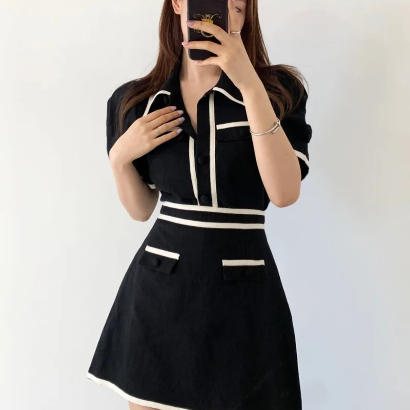Nauja Vasaros Korėjos Elegantiškos Mados Atsitiktinis Dviejų Dalių Rinkinys Moterims Trumpomis Rankovėmis Marškinėliai Palaidinė Viršūnes + Mini Sijonas Tinka Vintage 2 Dalių Komplektas