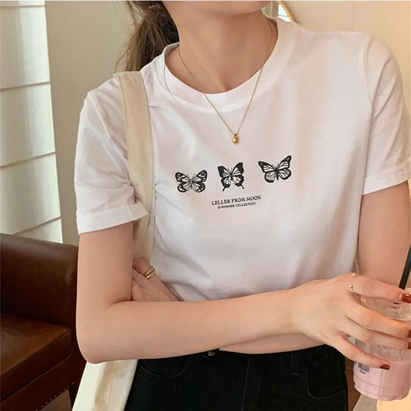 4colors 2021 m. vasarą korėjos stiliaus Drugelis spausdinti Slim trumpas rankovės pasėlių viršuje moteriški marškinėliai, vyriški marškinėliai, femme (X1822)