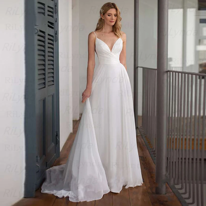 Šifono Vestuvinė Suknelė, Elegantiška Linija, V Kaklo Long Beach Nuotakos Suknelė 2021 Chalatas De Mariee