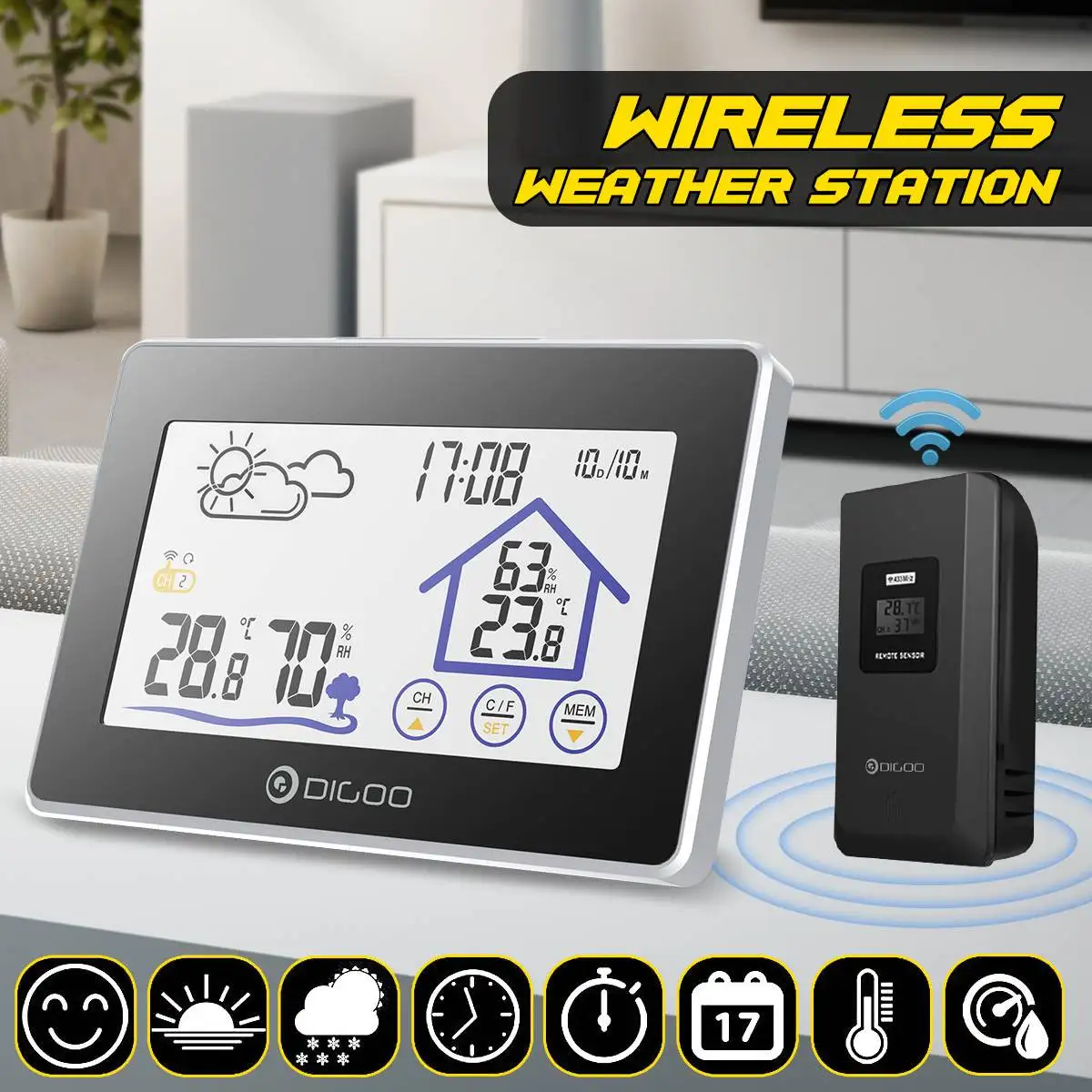 Digoo DG-TH8380 Wireless Touch Lauko Patalpų Oras Stotis Prognozė Jutiklio Termometras su Drėgmėmačiu Metrų Kalendorius Apšvietimas