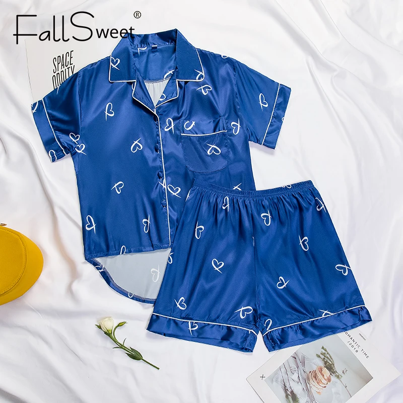 FallSweet Šilko Pižama Moterų Kostiumai su Šortai Sleepwear Spausdinti Pyjama Rinkiniai Namų Drabužių Pijama Mujer