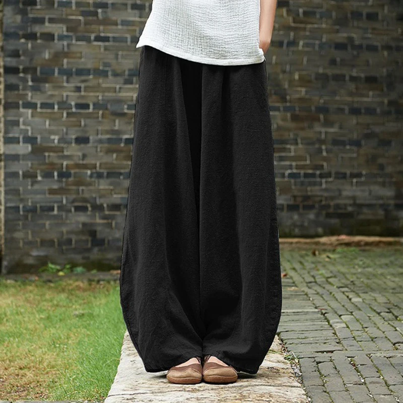 Kelnės Plius Dydis Moterų Platų Kojų Kelnės Elastinga Aukštos Juosmens Kelnes Kietas Baggy Kišenės Elegantiškas Ilgas Kelnių Pantalon Femme