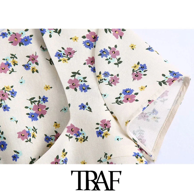 TRAF Moterų Saldus Mados Gėlių Spausdinti Apkarpytos Lino Palaidinės Senovinių Kvadratinių Apykaklę, Trumpas Rankovės Moterų Marškiniai, Elegantiškos Viršūnės