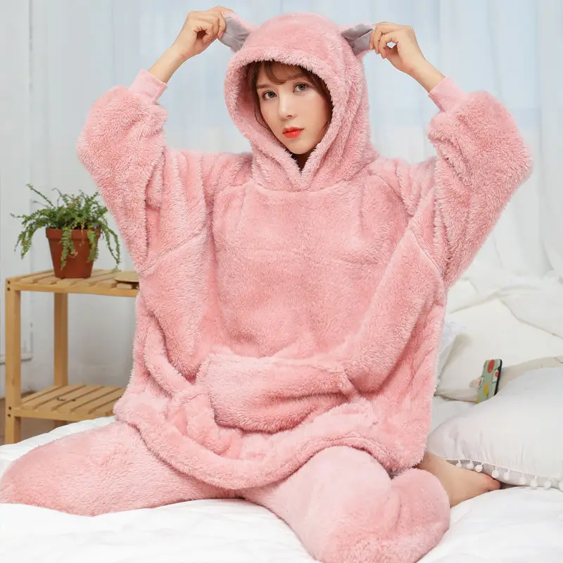 2 Vnt Žiemos Moterų Pižama Rinkiniai Sleepwear Ilgomis Rankovėmis, Šiltas Pajama Minkštas Miego Kostiumai Pižamos Mielas Gyvūnų Moterų Homewear