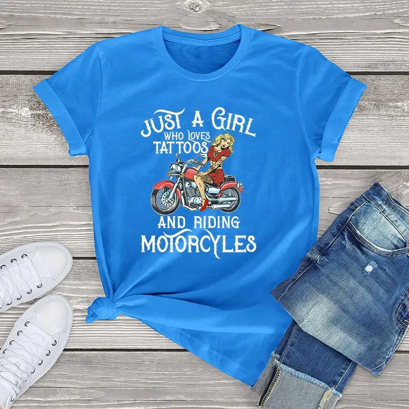 Moteriški Dviratininkas medvilnės marškinėliai mergina tiesiog mergina, kurie mėgsta tatuiruotes ir motociklų harajuku moterų marškinėliai kawaii mados viršūnes tee