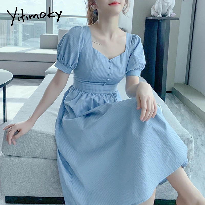 Yitimoky Moteris Dress Blue Korėjos Stiliaus Mielas Saldus Atsitiktinis Trumpas Rankovės Drabužių Aukšto Juosmens Dryžuotas 2021 Imperijos Suknelės Mid-Calf