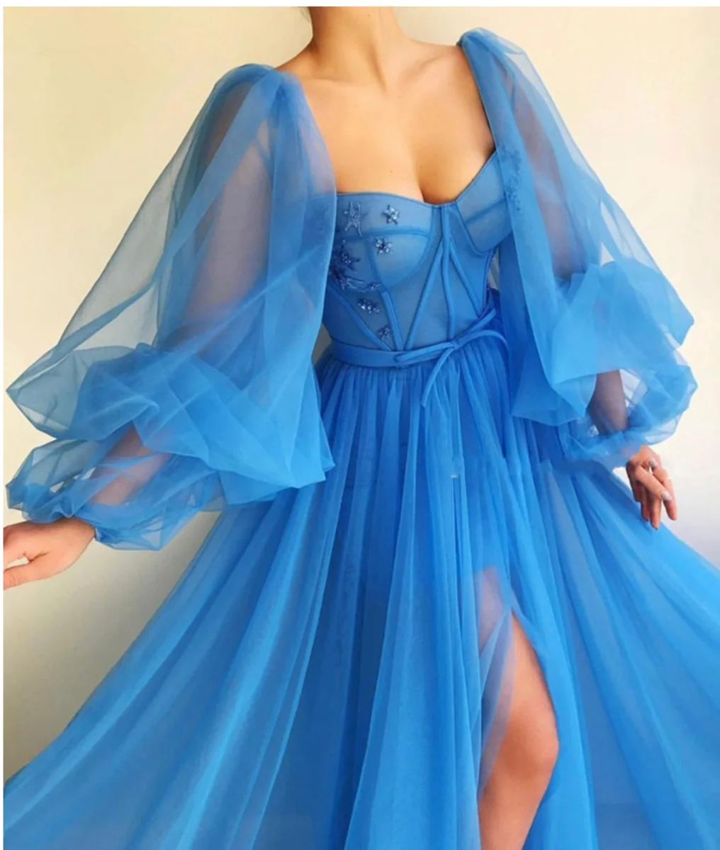 Mėlyna Dubajus Vakaro Suknelės Ilgai Seksualus Plyšio V-kaklo Zawalcowany Tiulio Oficialų Suknelė Vakare Šalies Skraiste, Pigūs Ilgai Vakare Gown