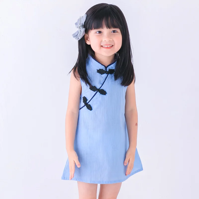 Korėjos versija mažoji princesė suknelė vasarai naujų vientisos spalvos sagtis medvilnės ir cheongsam mergaitės suknelė