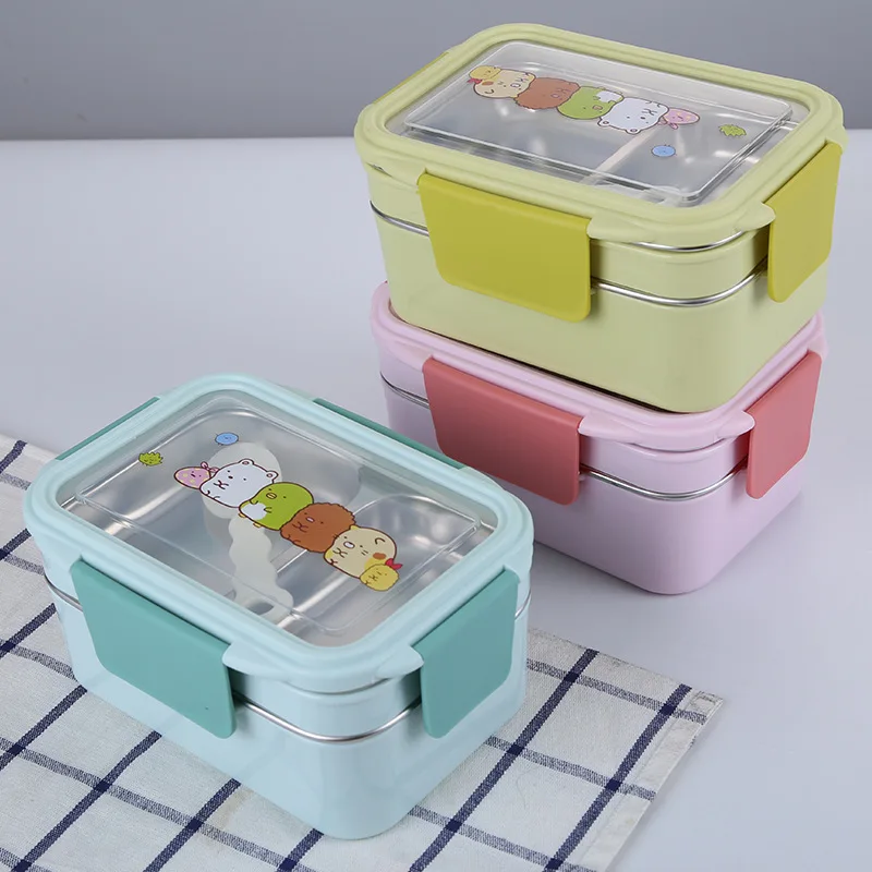 Nešiojamų Nerūdijančio Plieno Vaikų Priešpiečių Dėžutė Dvigubo Sluoksnio Animacinių filmų Maisto Bako Langelis Mikrobangų Bento Dėžutės Vaikams Iškylą Mokykla