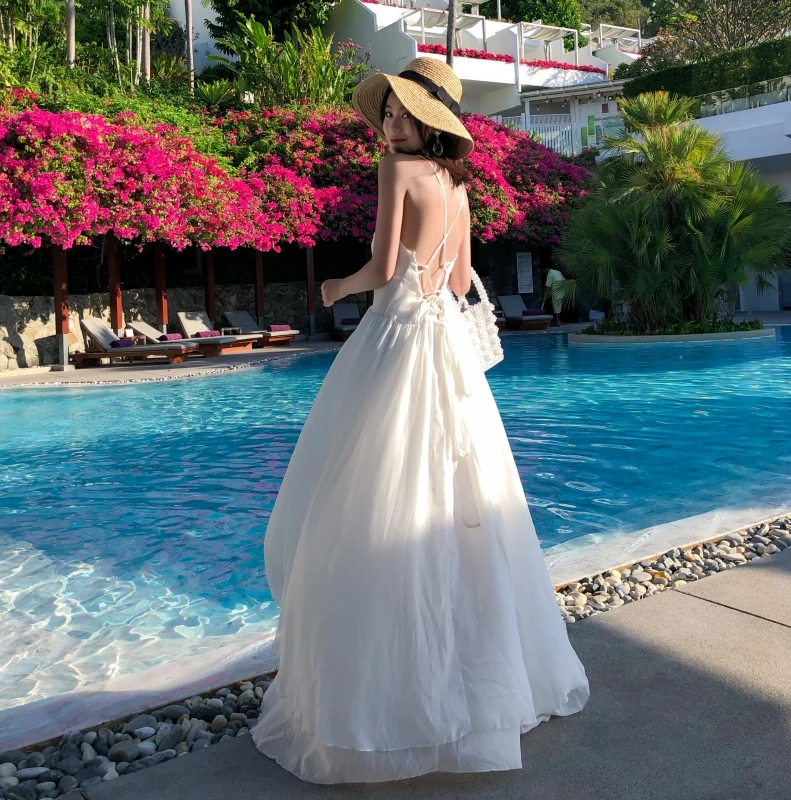 White Beach Maxi Suknelė be Rankovių Vasaros Naujasis prancūzijos Plisuotos seksualus Backless Kryžiaus Tvarstis Nereguliarus Prarasti Elegantiškas Šalis suknelė