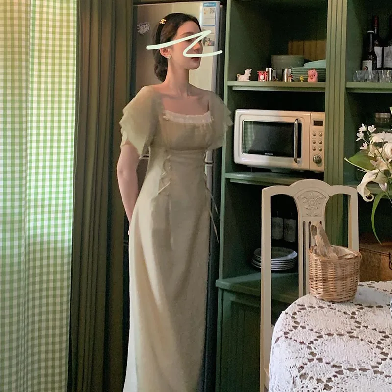 Prancūzijos Elegantiškas Žalia Suknelė Moterims Dizaineris Švelnus Retro Kvadratinių Kaklo Tvarstis Suknelė Burbulas Rankovės Princesė Paty Suknelė 2021 M. Vasaros