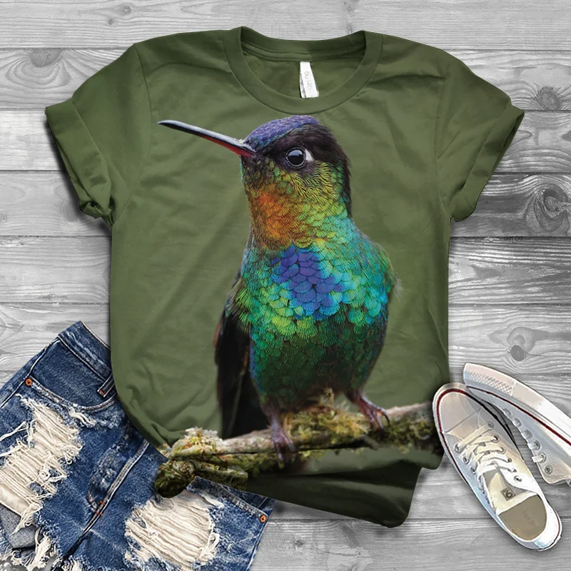 Harajuku 3D mielas ir gražus paukštis spausdinti O-kaklo viršų T-shirt moterims 