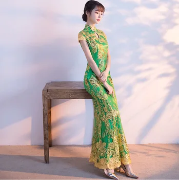 Žalia Cheongsam Moterų Tradicinį Suknelė Seksualus Vestuvių Qipao Siuvinėjimo Rytų Kinijos Suknelės, Vestidos Formales Ilgai Qi Pao